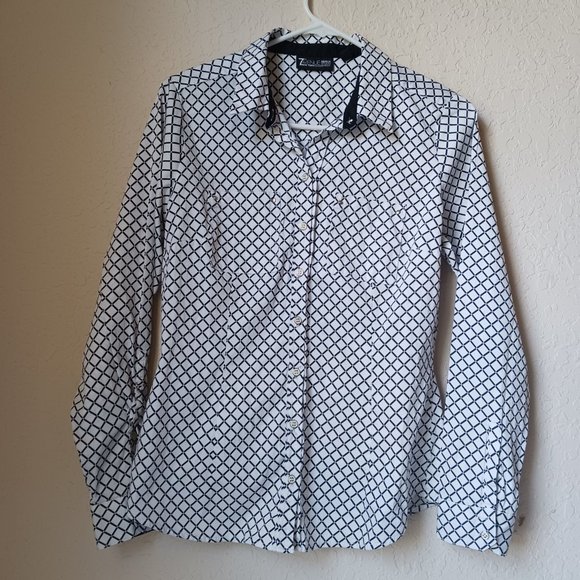 7th Ave New York & Co black and white button down, long sleeve collared blouse. - Picture 9 of 9